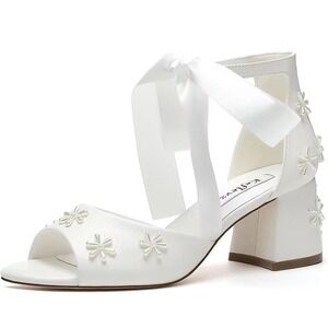 Keflevs Pearl Heels Open Toe Wedding Shoes For Bride Block Heel Ankle Strap 9/10